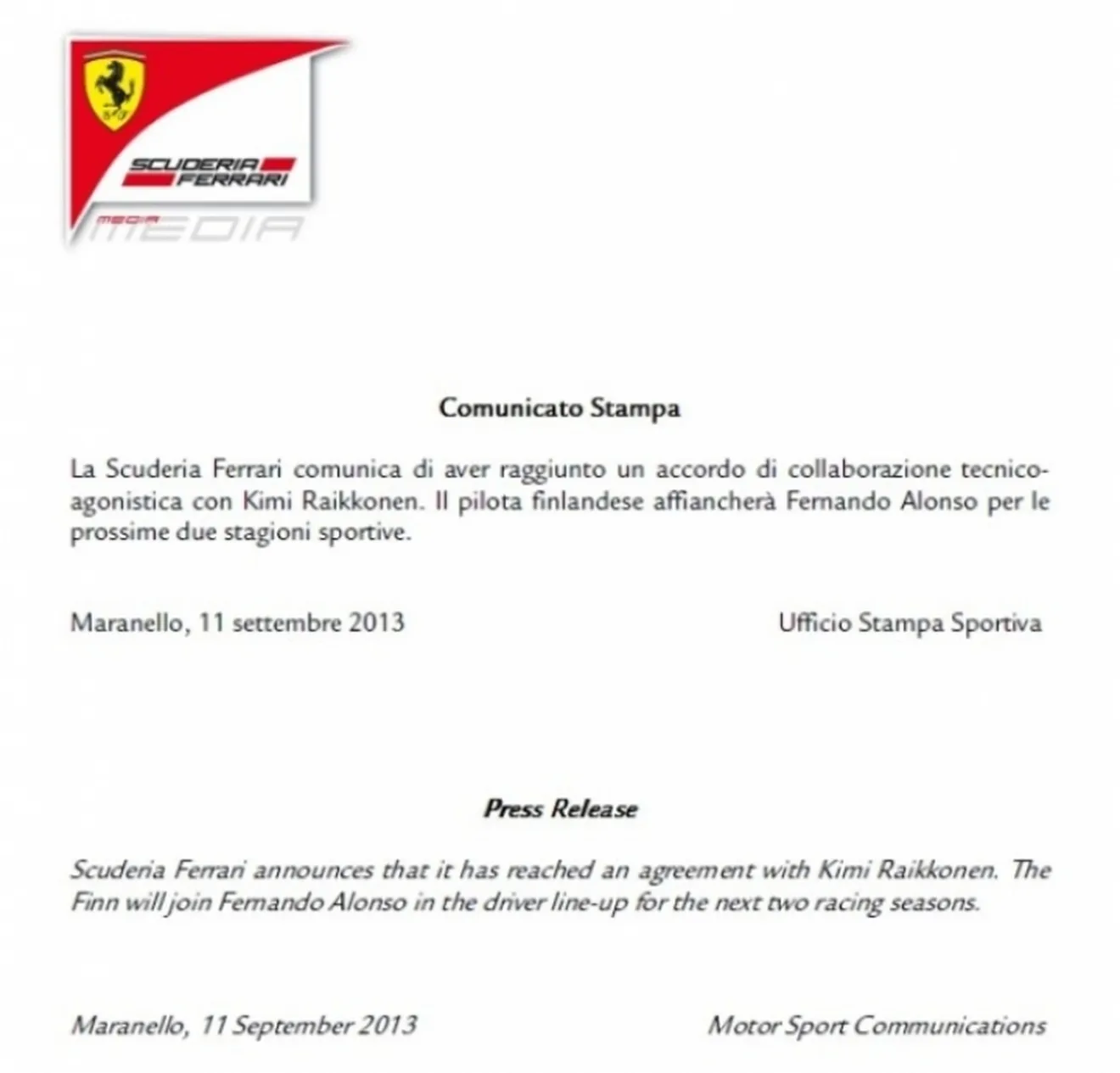 Ferrari hace oficial la vuelta de Kimi Raikkonen a la Scuderia