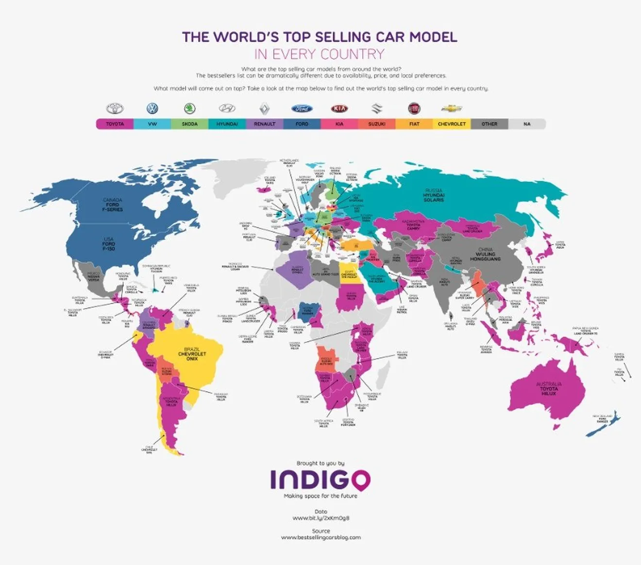 Todos los coches más vendidos del mundo por paises en un solo mapa
