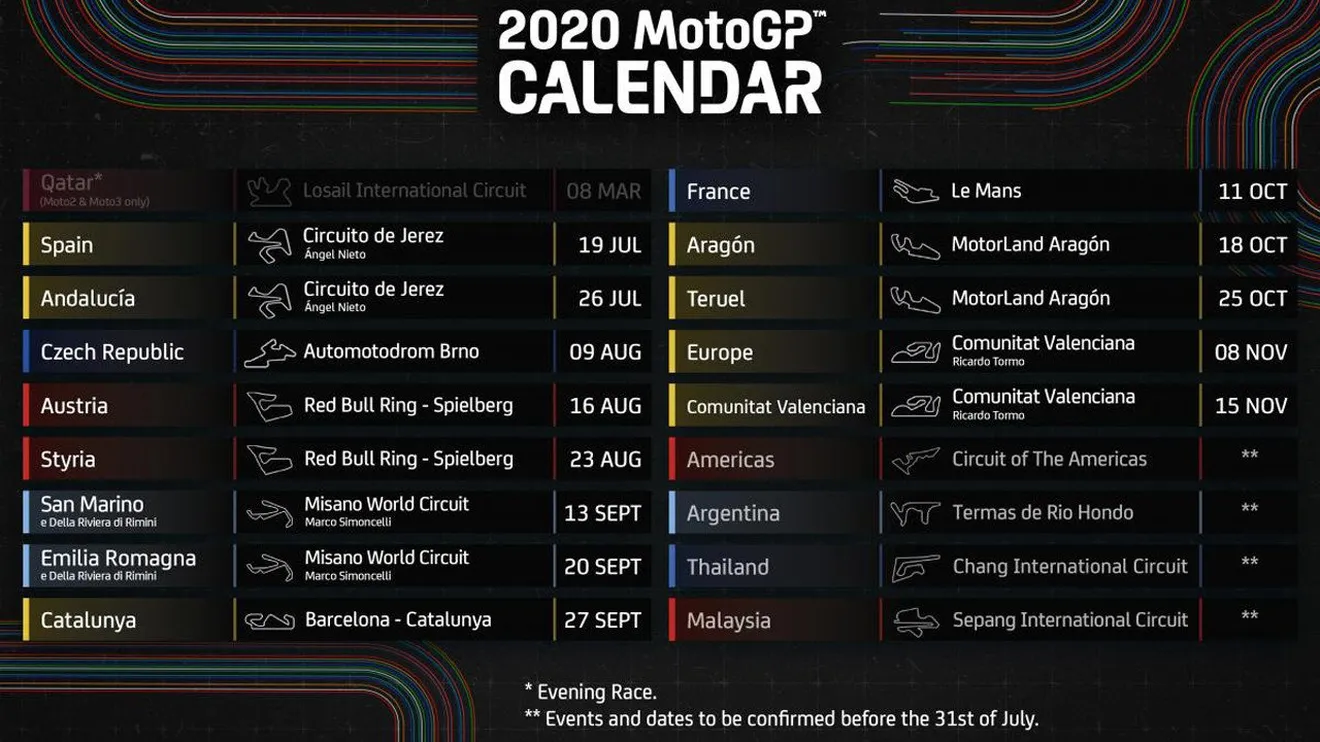 MotoGP presenta el nuevo calendario de 2020 con cinco 'dobletes'