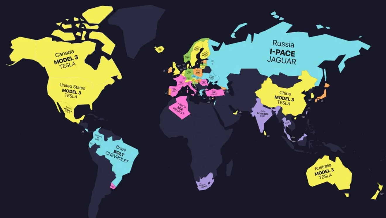 Los modelos eléctricos más vendidos en cada país del mundo reunidos en un solo mapa