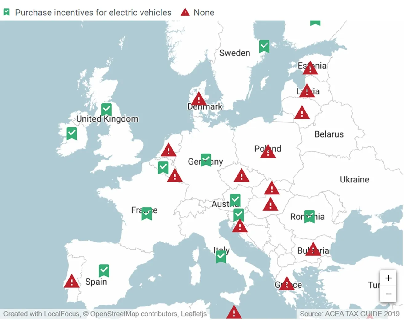 Mapa de países europeos que fomentan la compra de coches de movilidad sostenible