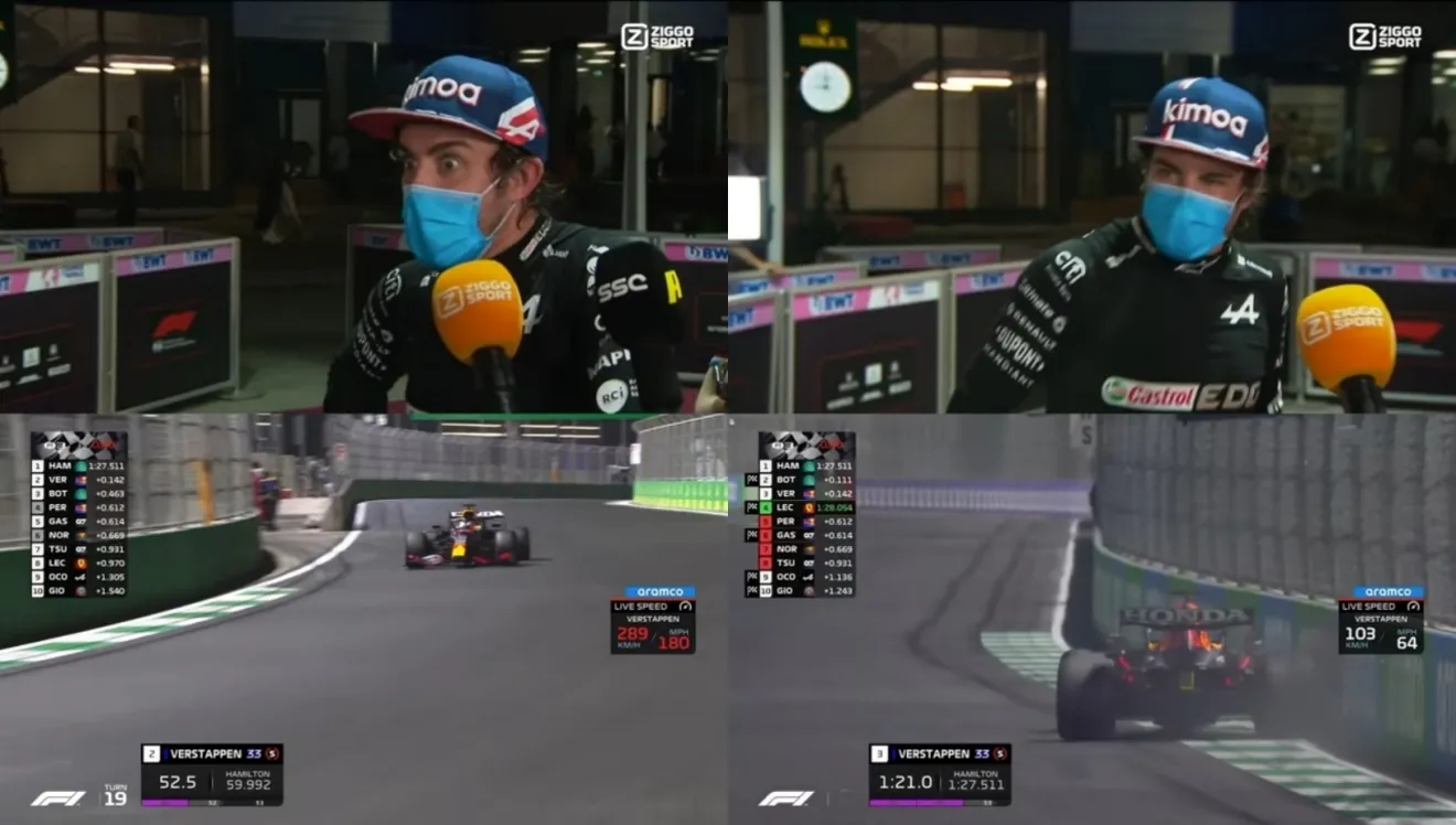 Así de impactado quedó Alonso con la vuelta de Verstappen, antes y después del accidente