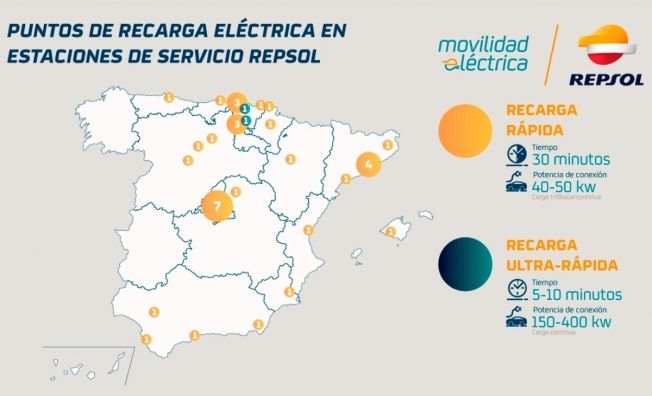 Puntos de carga de coches eléctricos en estaciones de servicio Repsol