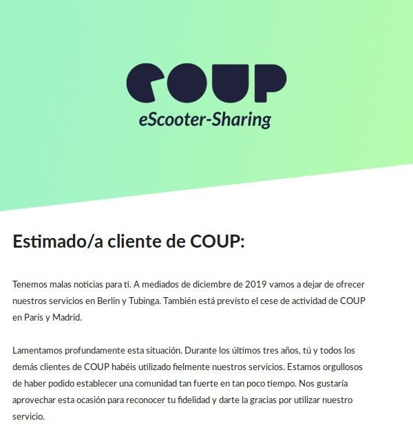 Coup toca retirada en cuatro ciudades europeas, incluyendo Madrid