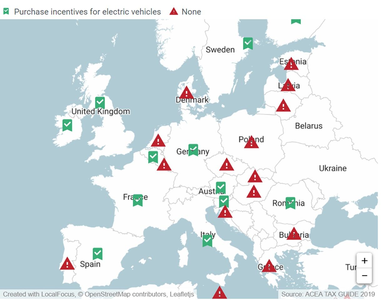 Mapa de países europeos que fomentan la compra de coches de movilidad sostenible