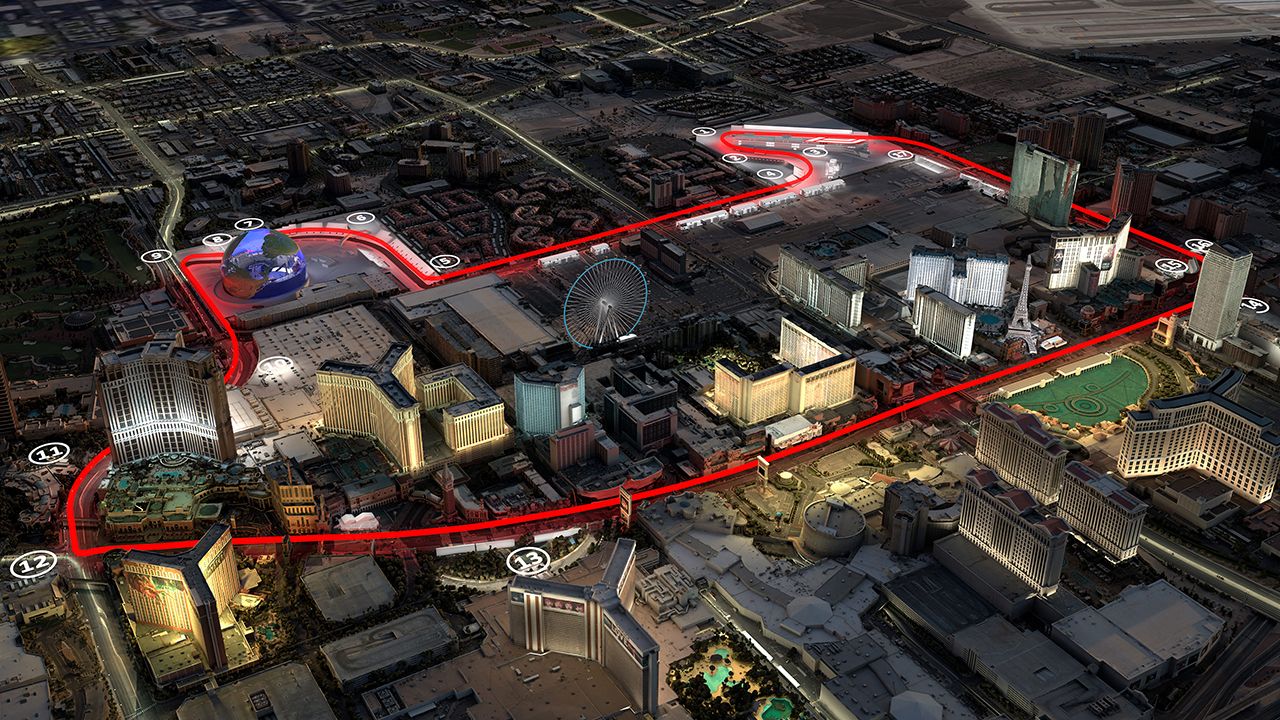 El plano del actual circuito de Las Vegas: en la parte inferior, The Mirage y el Caesars Palace