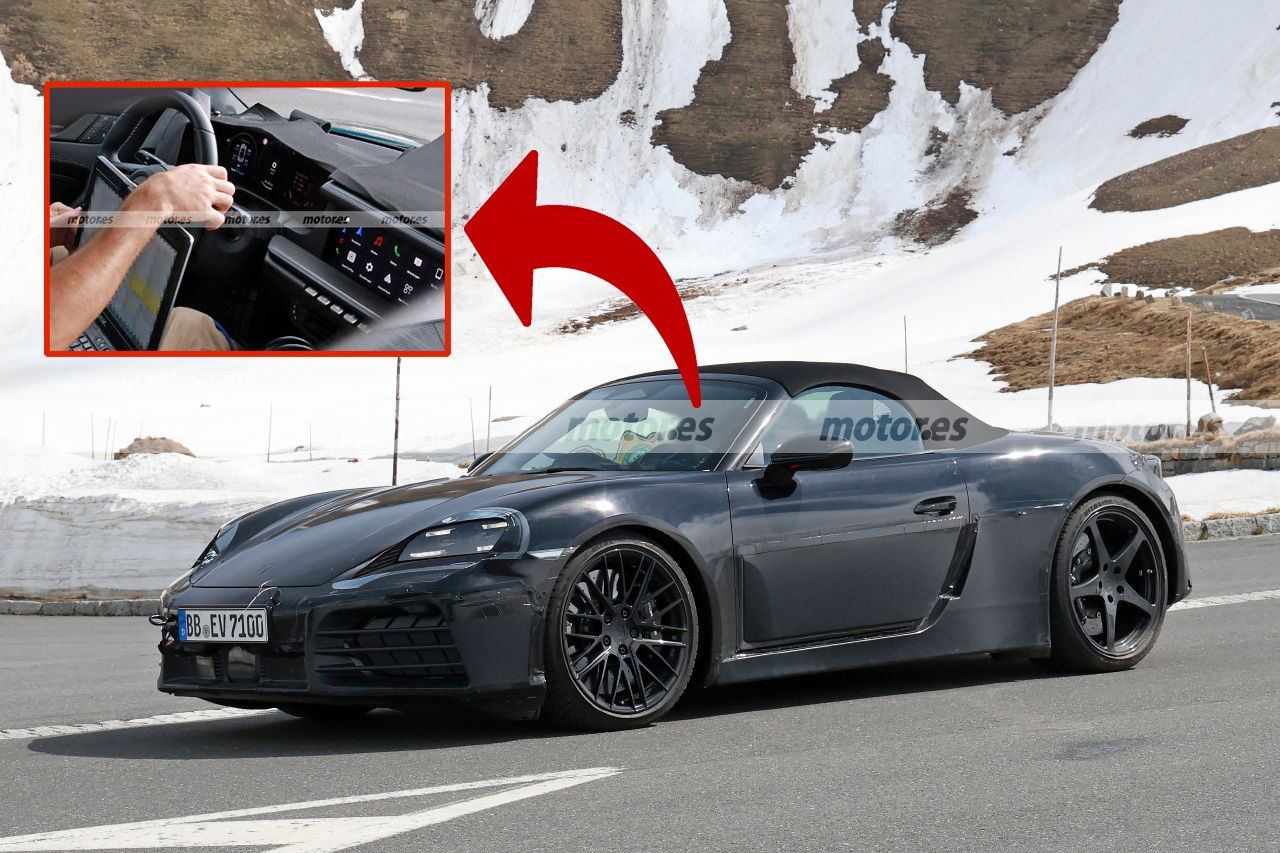 Primera mirada al interior del nuevo Porsche Boxster en estas fotos espía, el roadster eléctrico muda sus pruebas a los Alpes