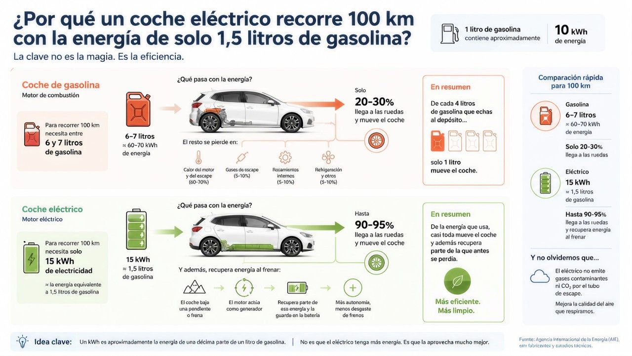 Infografía comparativa de la eficiencia de un coche de combustión frente a uno eléctrico