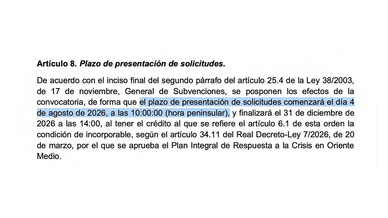 Captura del documento oficial del Ministerio de Industria, donde se especifica que el 4 de agosto se abre el portal de tramitación
