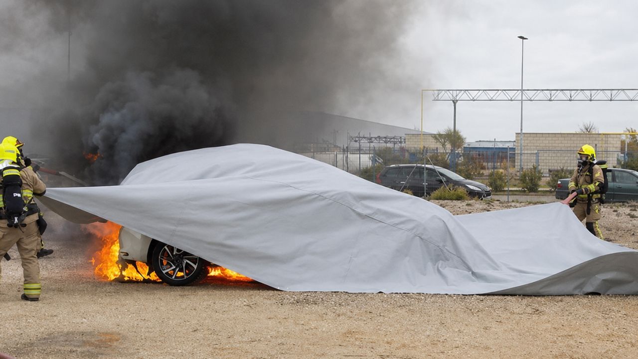 Bomberos de Zaragoza utilizando una manta ignífuga para sofocar el incendio de la batería de un coche eléctrico