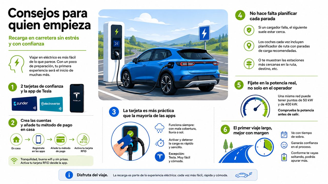 Infografía con consejos para viajar en coche eléctrico.