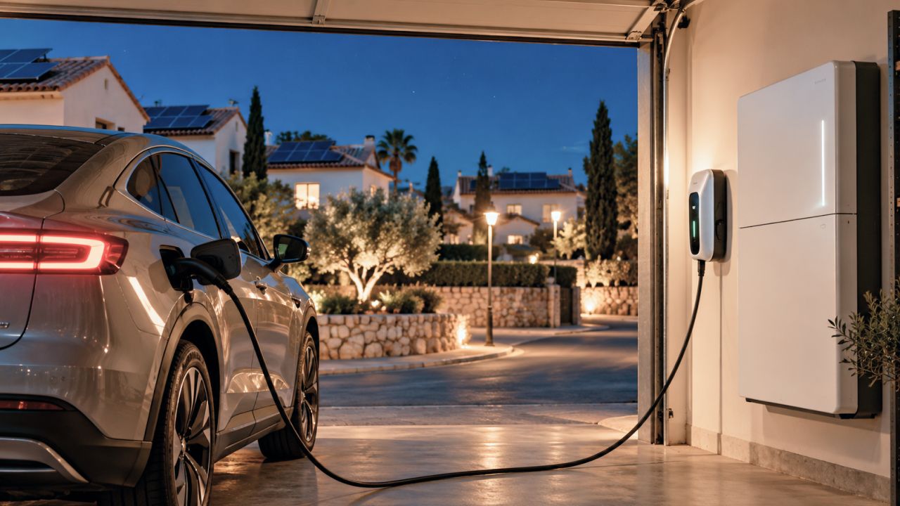 Vehículo eléctrico cargando en un cargador doméstico junto a instalación de batería
