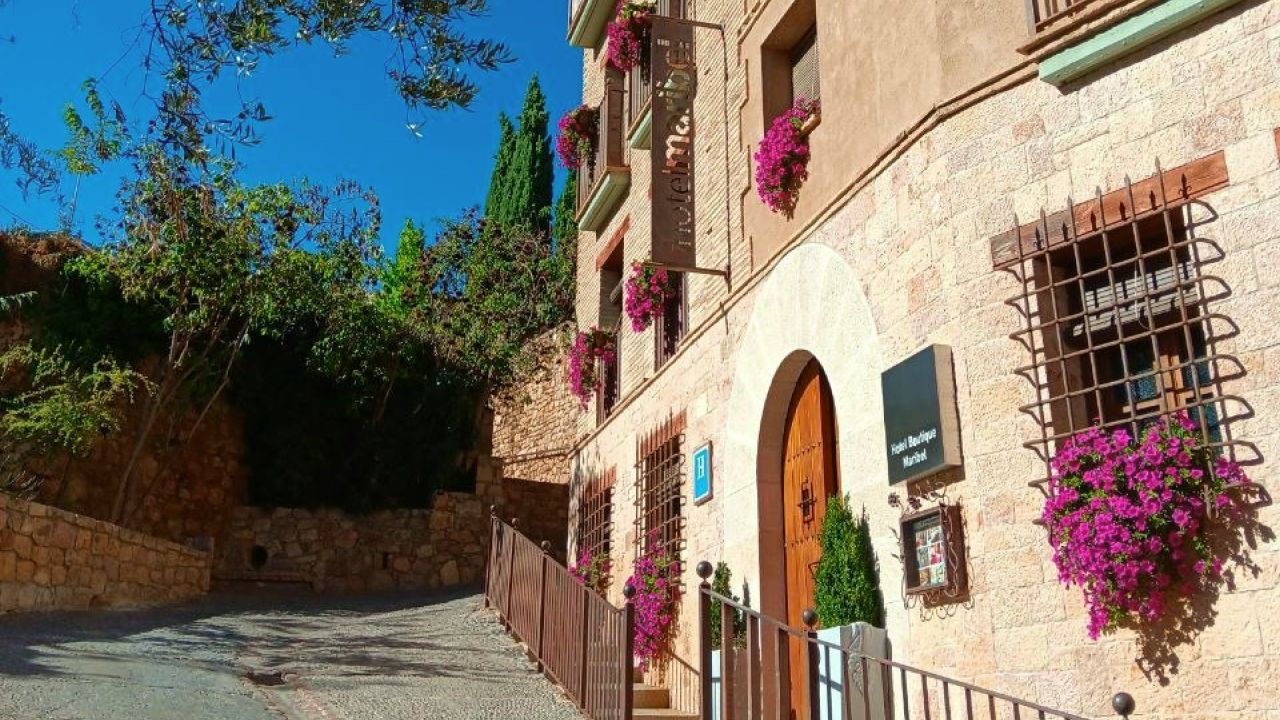 Alquézar, calle con flores coloridas