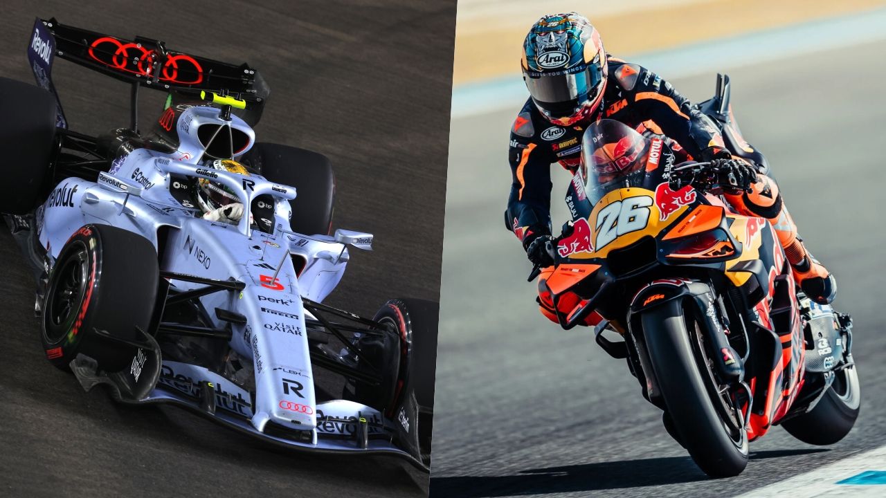 A la izquierda, un Audi de Fórmula 1; a la derecha, una KTM de MotoGP.