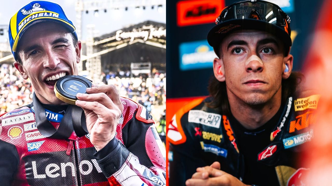 A la izquierda, Marc Márquez muerde la medalla de la victoria; a la derecha, Pedro Acosta reflexiona en el box de KTM.