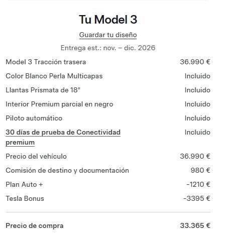Tabla oficial de precio y descuentos del Tesla Model 3