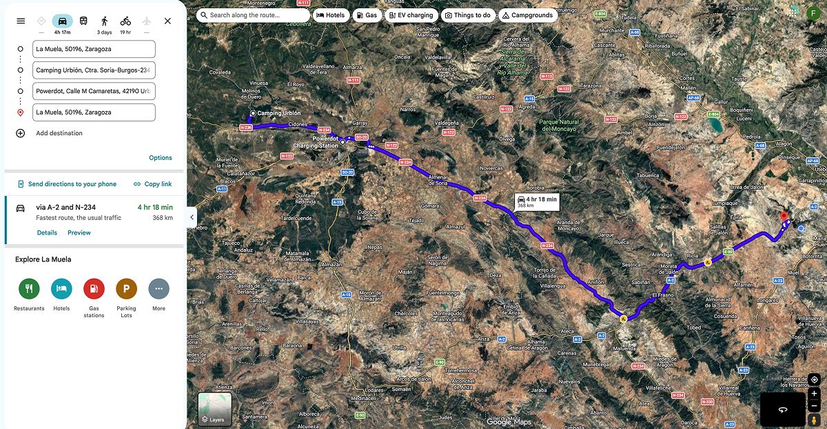 Mapa del recorrido: La Muela (Zaragoza), Camping Urbión en Abejar (Soria), Centro Comercial Camaretas en Soria y regreso a La Muela.