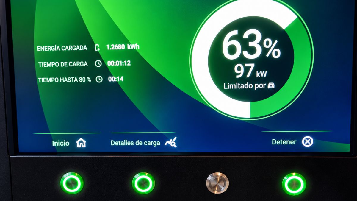 Primer plano de la pantalla de una estación de carga eléctrica que muestra un 63 % de batería y datos del proceso, situada sobre un panel con botones circulares luminosos.