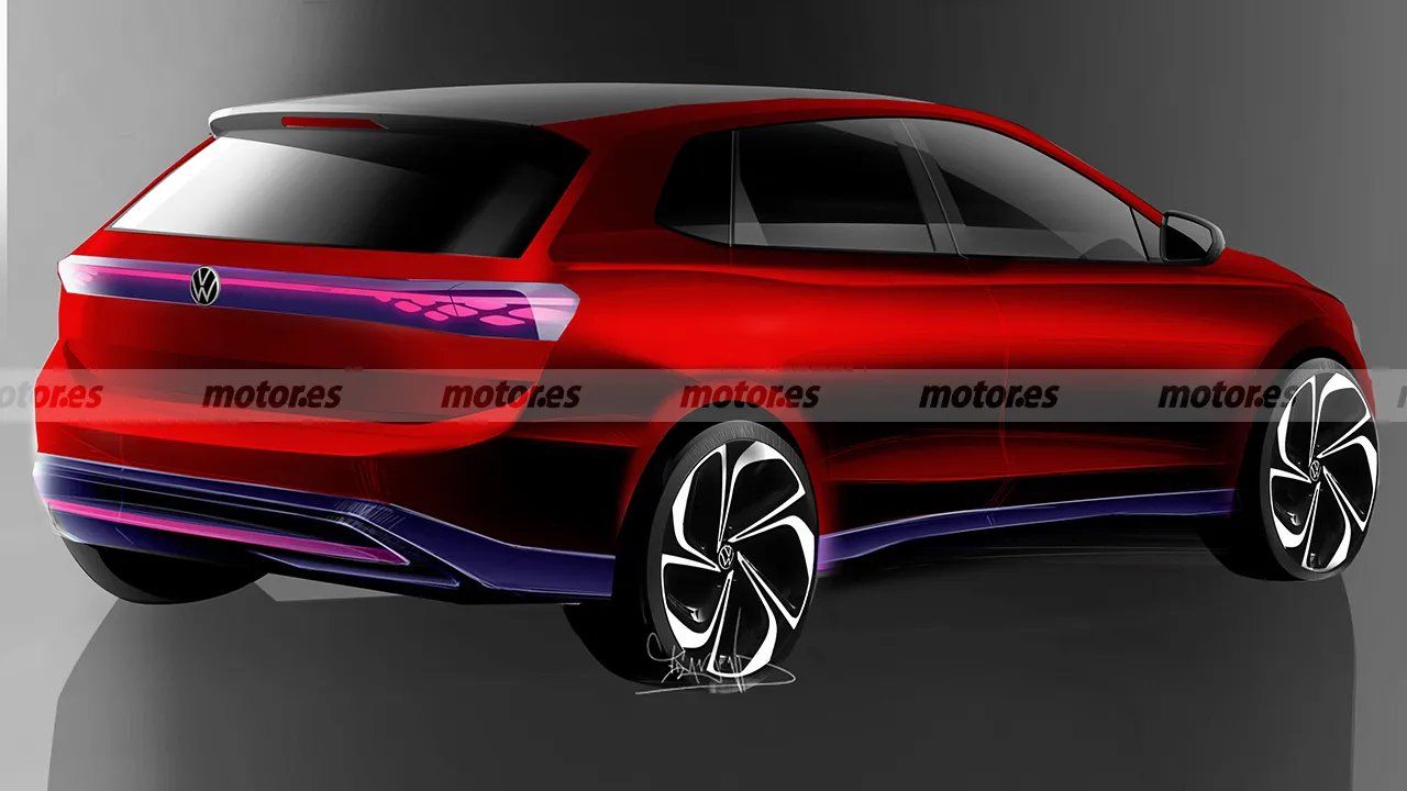 Render del Volkswagen Golf eléctrico en color rojo, vista trasera de tres cuartos