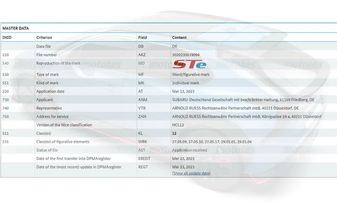 Subaru STE, detalle del registro de patentes