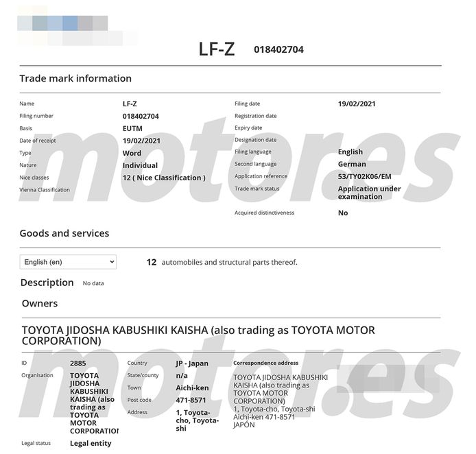 Filtración registro de patentes Lexus LF-Z