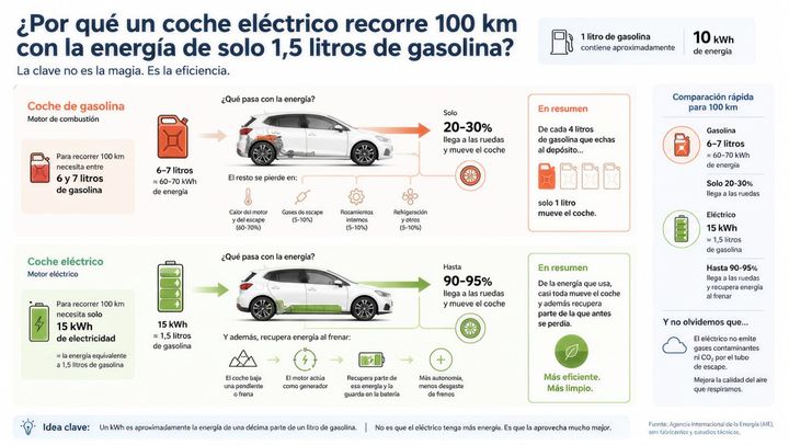 Infografía comparativa de la eficiencia de un coche de combustión frente a uno eléctrico