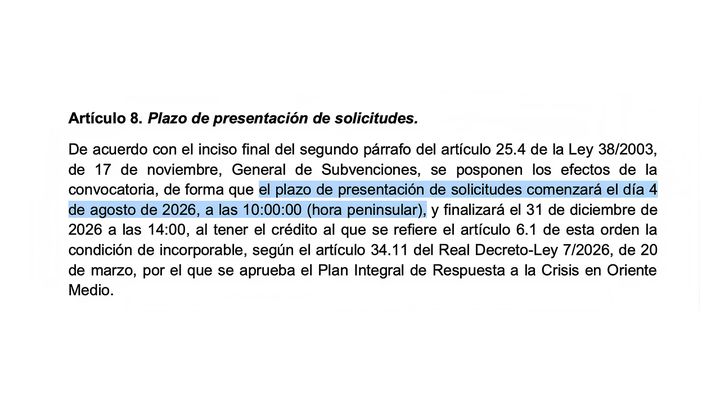 Captura del documento oficial del Ministerio de Industria, donde se especifica que el 4 de agosto se abre el portal de tramitación