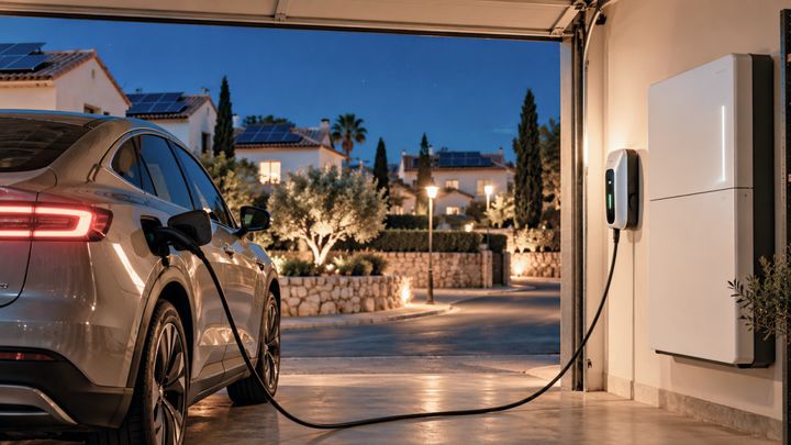 Vehículo eléctrico cargando en un cargador doméstico junto a instalación de batería