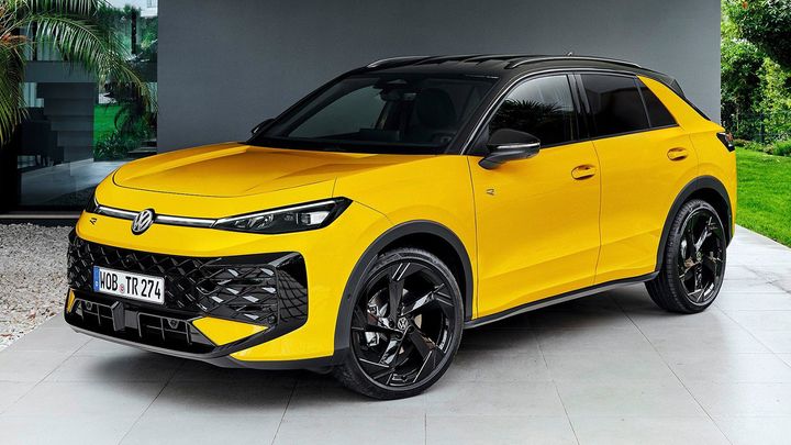 Vista frontal lateral del Volkswagen T-Roc R-Line en color amarillo